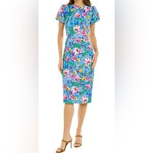 LN EASTER WOMENS MEDIUM (bust 38”) ALEXIA ADMOR ODETTE BLUE FLORAL SHEATH DRESS